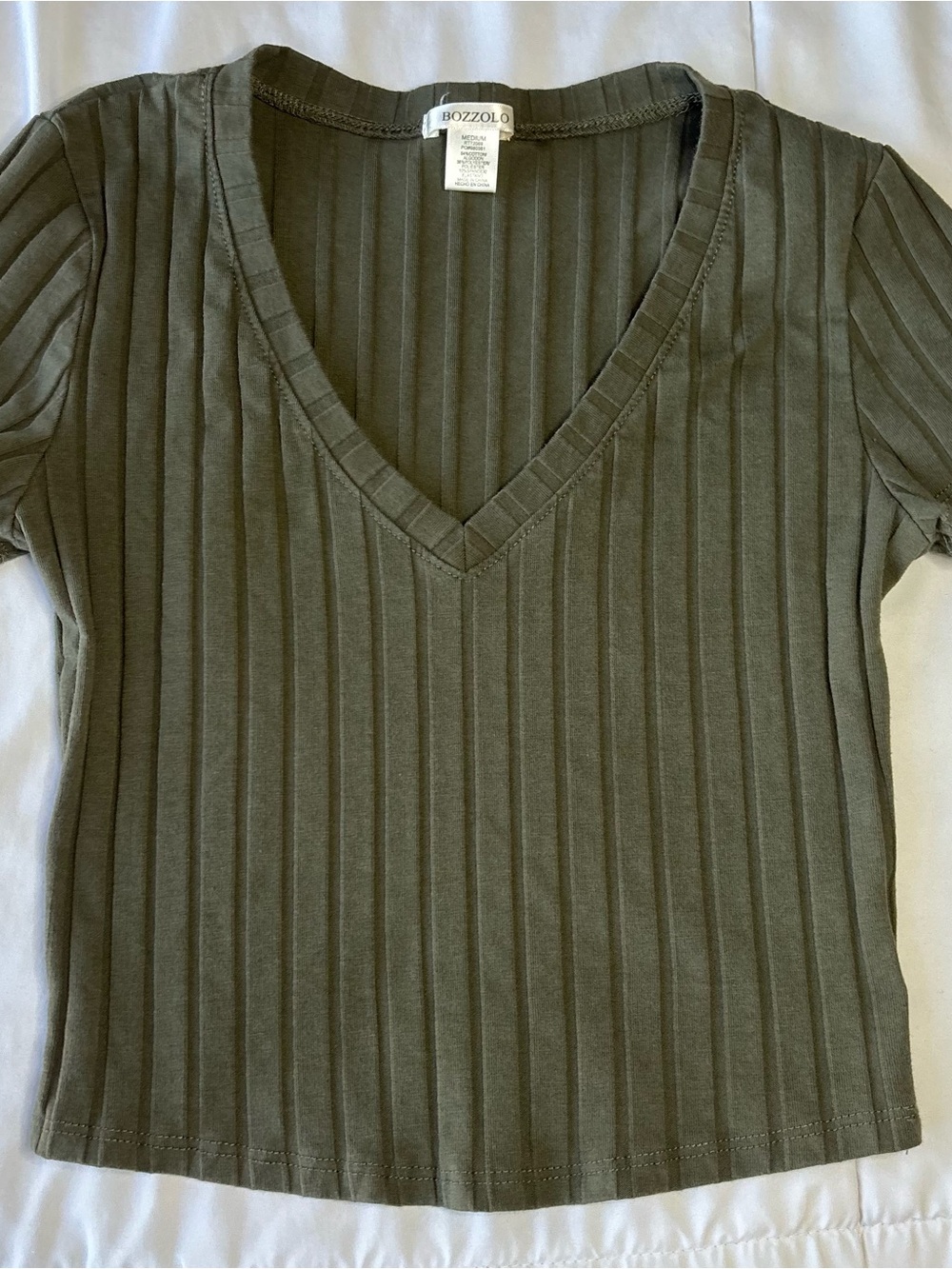 Bozzolo Olive Green Ribbed V-Neck Women's Sweater